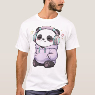 Camiseta Cute Panda Headphones Homens T-Shirt   Kawaii Músi