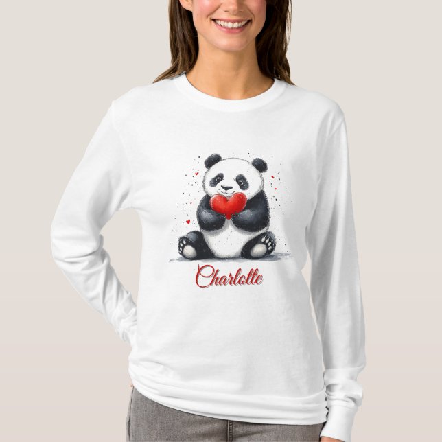 Camiseta Cute Panda Segurando Coração com Nome Personalizáv (Frente)