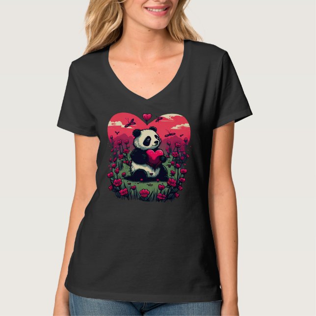 Camiseta Cute Panda Segurando Coração - Presente de Dia de  (Frente)