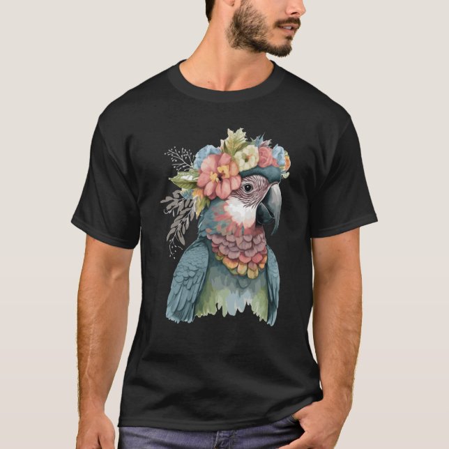 Camiseta Cute Parrot Macaw Bird Flower Crown Pet Birds (Frente)