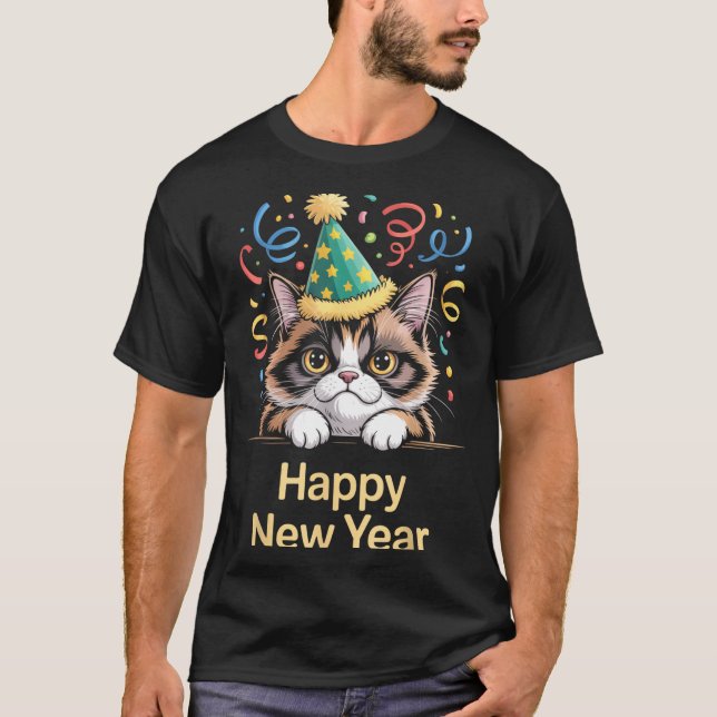 Camiseta Cute Party Cat Happy New Year Funny New Year’s Eve (Frente)