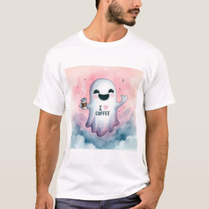 Camiseta Cute Pastel Água-forte Fantasma "Eu Amo Café" Olá