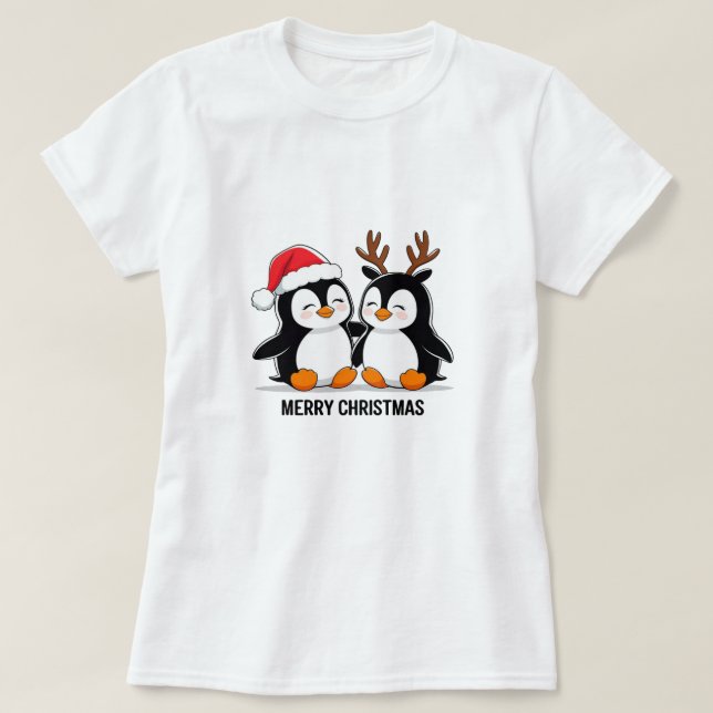 Camiseta Cute Penguin Couple Christmas – Festive Holiday  (Frente do Design)
