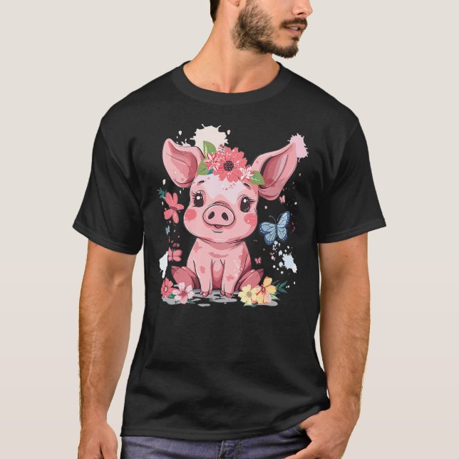 Camiseta Cute Pig With Flowers I Kids Pig (Frente)