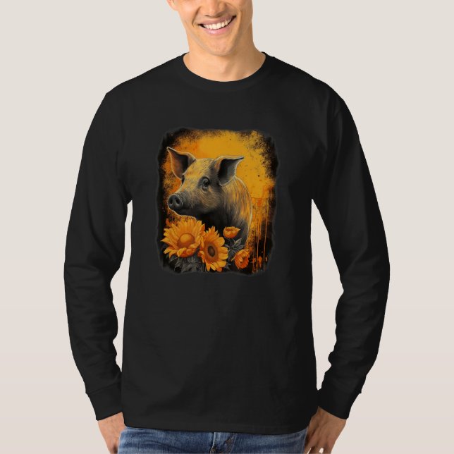 Camiseta Cute pig with sunflower portrait orange and black  (Frente)