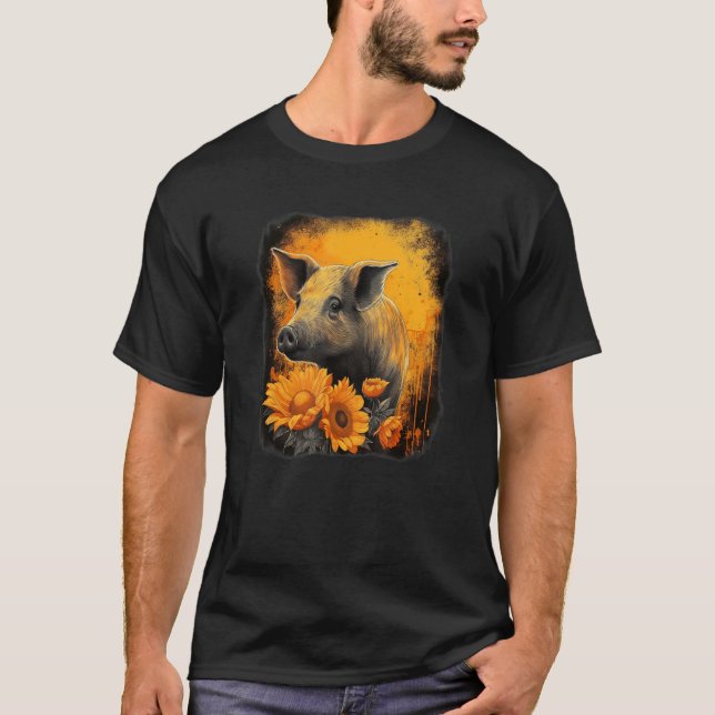 Camiseta Cute pig with sunflower portrait orange and black  (Frente)