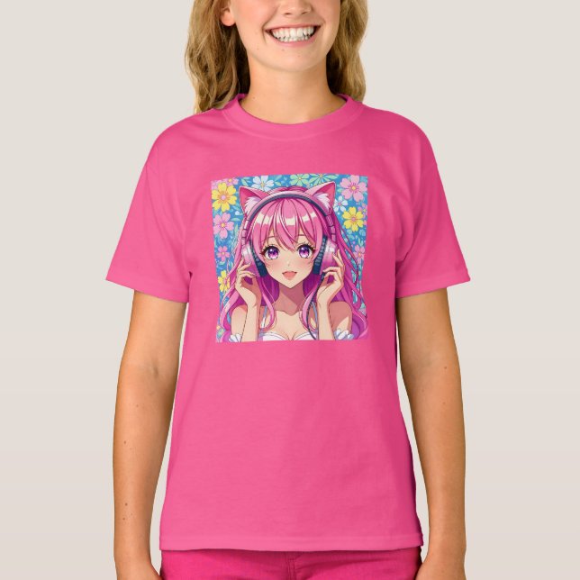 Camiseta Cute Pink Anime Girl with Headphones   (Frente)