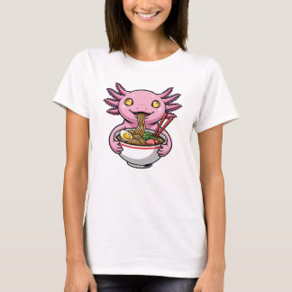 Camiseta Cute Pink Axolotl Eating Ramen Noodles Cartoon