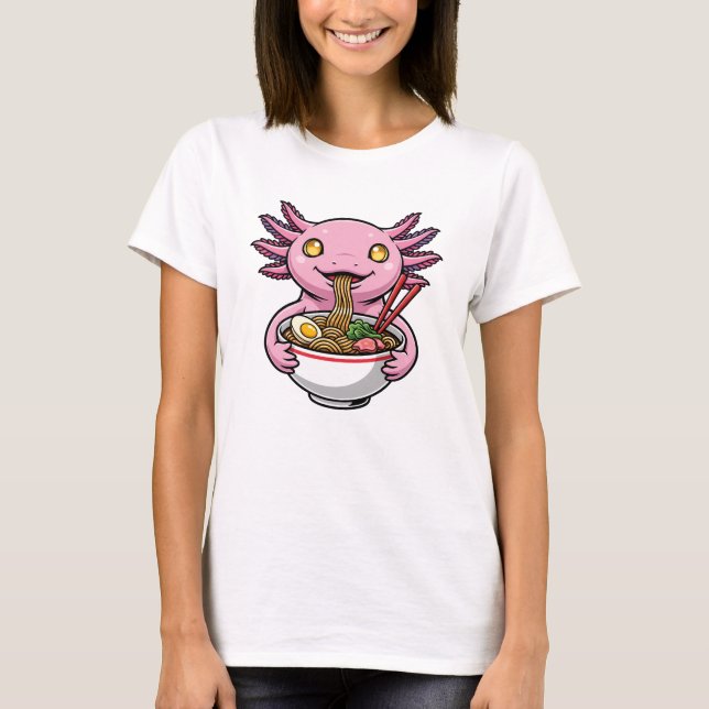 Camiseta Cute Pink Axolotl Eating Ramen Noodles Cartoon (Frente)