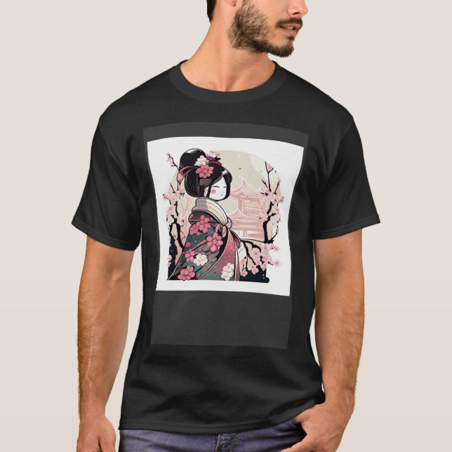 Camiseta Cute pink geisha girl cherry blossom and japanese  (Frente)