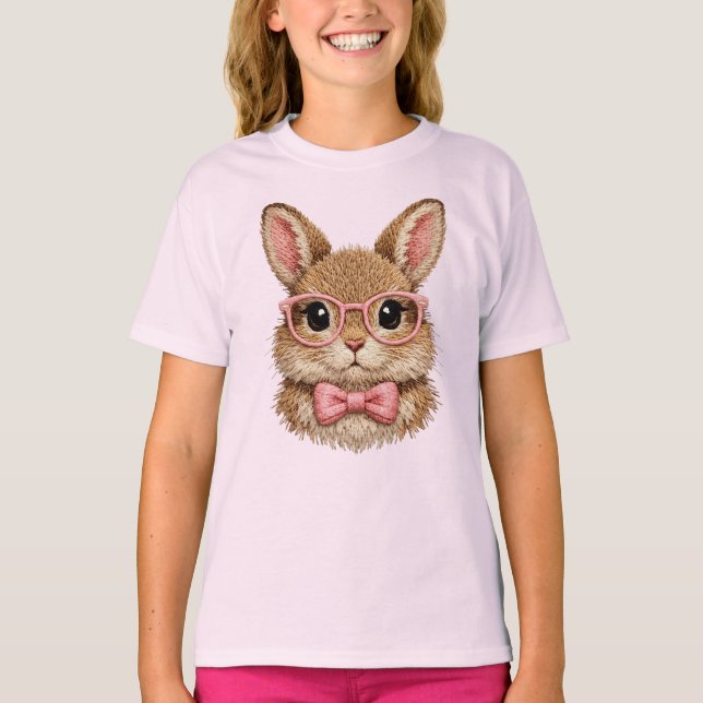 Camiseta Cute Pink Glasses Bunny | Rabbit Embroidery Look - (Frente)