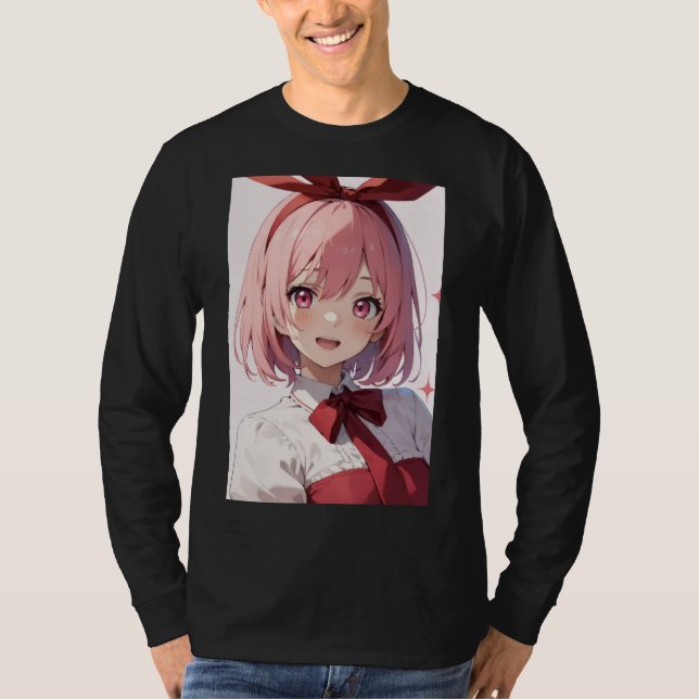 Camiseta Cute Pink-Haired Anime Girl Illustration (Frente)