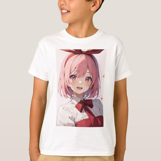 Camiseta Cute Pink-Haired Anime Girl Illustration (Frente)