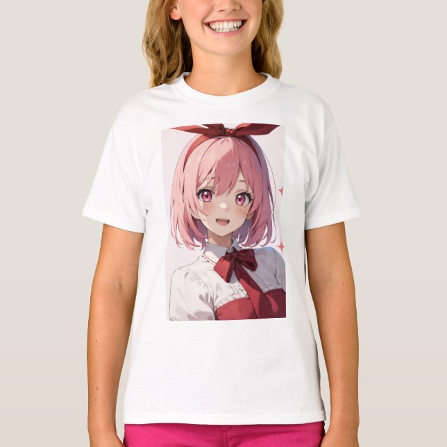 Camiseta Cute Pink-Haired Anime Girl Illustration (Frente)