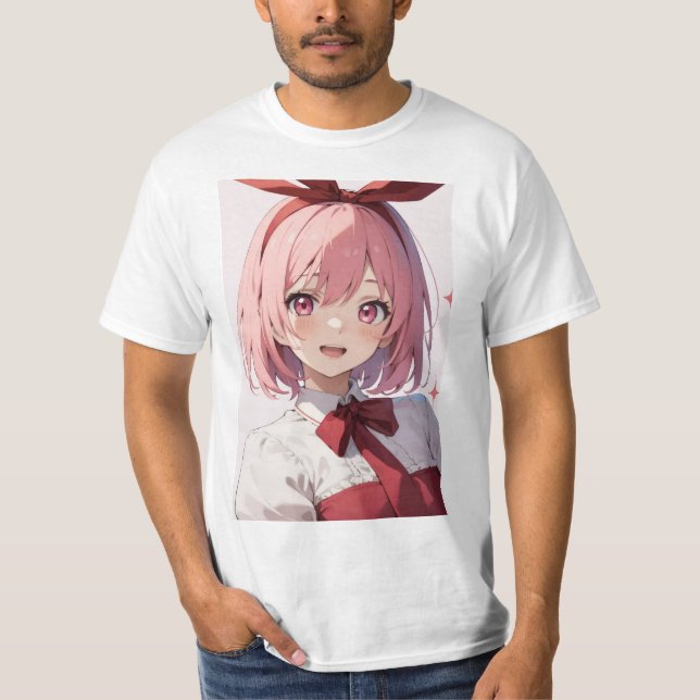 Camiseta Cute Pink-Haired Anime Girl Illustration (Frente)