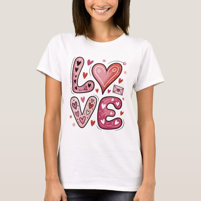 Camiseta Cute Pink LOVE Lettering Hearts Doodle Valentine (Frente)