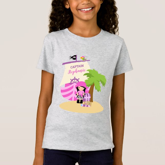 Camiseta Cute Pirate Brunette Girl & A Big Ship Custom Name (Frente)