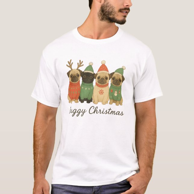 Camiseta Cute Pug Christmas Illustration in Festive Sweater (Frente)