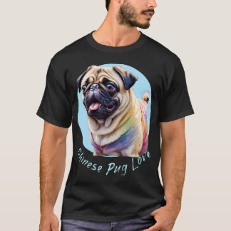 Camiseta Cute Pug com toques de cores de arco-íris em aquar