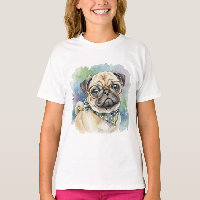 Camiseta Cute Pug de Aquarela com Óculos (Frente)