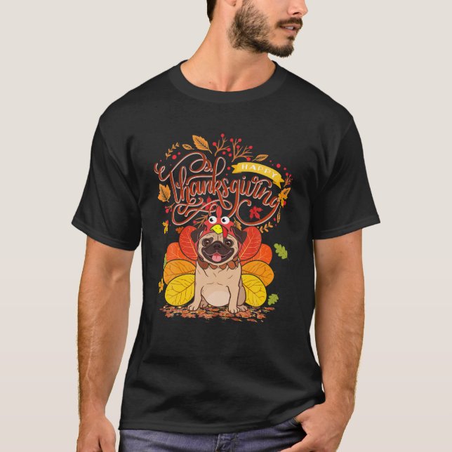 Camiseta Cute Pug Feliz Ação de Graças Turquia Cão Cachorro (Frente)