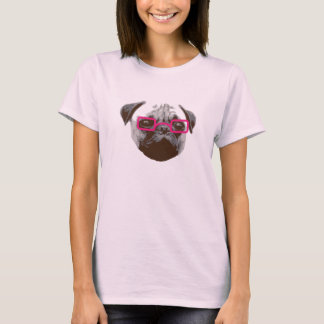 Camiseta Cute Pug Hipster com Óculos Rosa