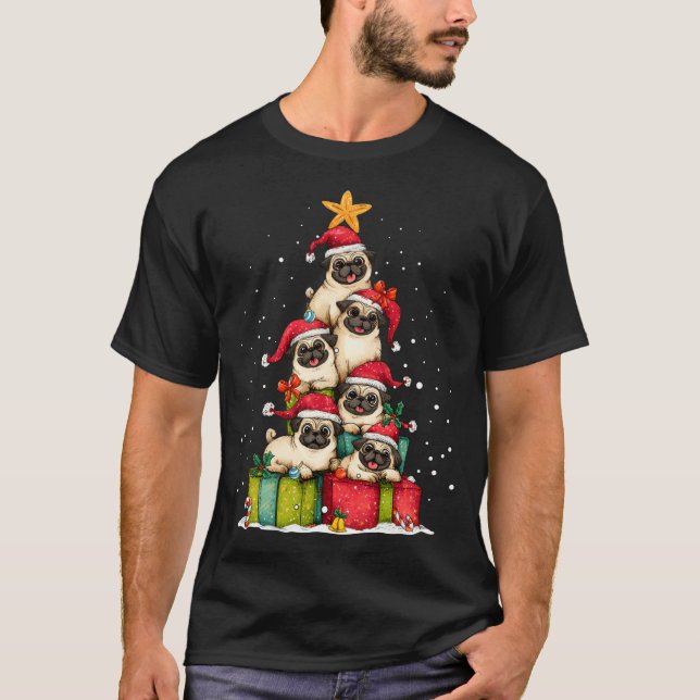 Camiseta Cute Pug Le Dog Christmas Tree Xmas Hat Long Sleev (Frente)