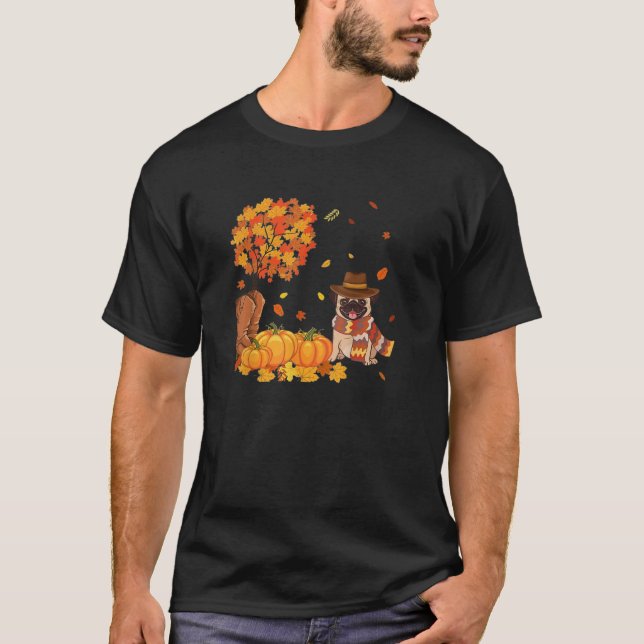Camiseta Cute Pug Leaf Autumn Pumpkin Orange Love Dog Mapea (Frente)