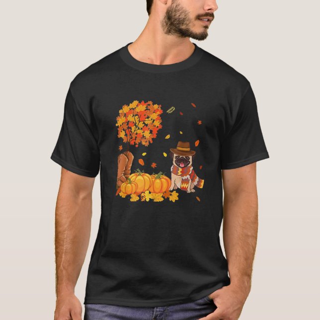 Camiseta Cute Pug Leaf Autumn Pumpkin Orange Love Dog Mapea (Frente)