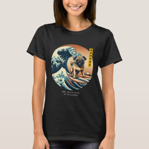 Camiseta Cute Pug Onda de Kanagawa Surf Japonês Kawaii Vin