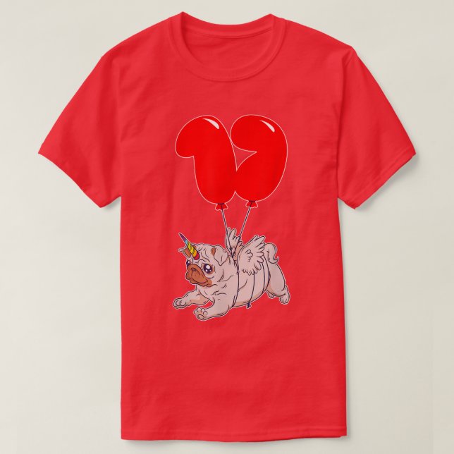 Camiseta Cute Pug Unicorn  17th Birthday  Kids Balloon Part (Frente do Design)