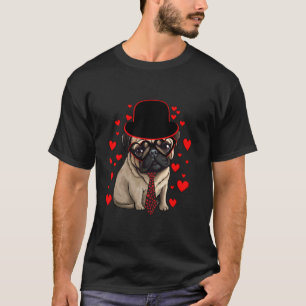 Camiseta Cute Pug usa Chapéu de Gravata Corações Vermelhos