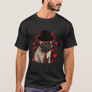 Camiseta Cute Pug usa Chapéu Gravata Corações Vermelhos Cas