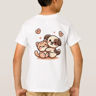 Camiseta Cute Puppy & Kitten Hug - Adorável Design Kawaii