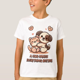 Camiseta Cute Puppy & Kitten Hug - Adorável Design Kawaii