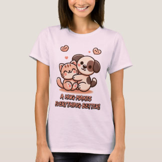 Camiseta Cute Puppy & Kitten Hug - Adorável Design Kawaii