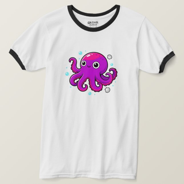 Camiseta Cute Purple Cartoon Octopus Ocean Marine Animal (Frente do Design)