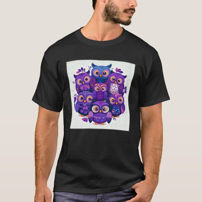 Camiseta Cute Purple Owls Illustration Minimal Unique Big E (Frente)