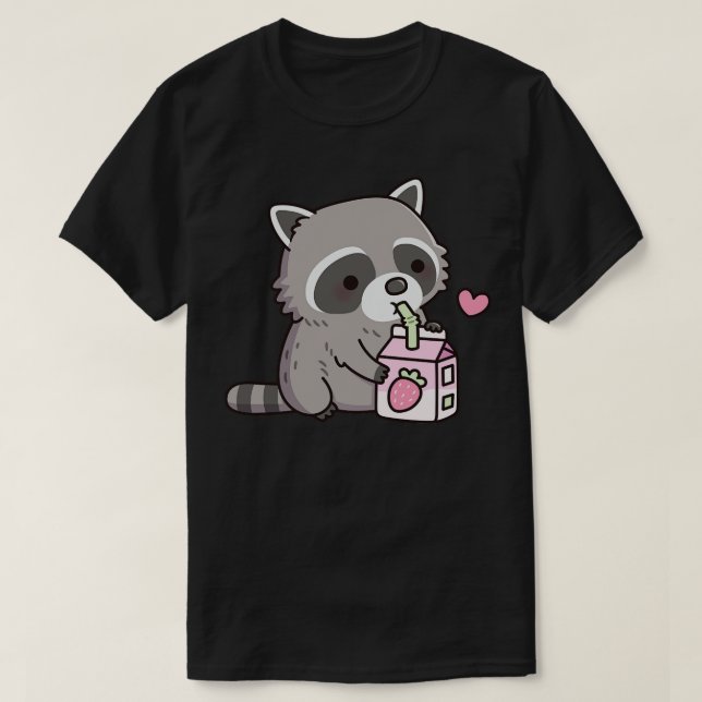 Camiseta Cute Raccoon ama morango morango doodle (Frente do Design)