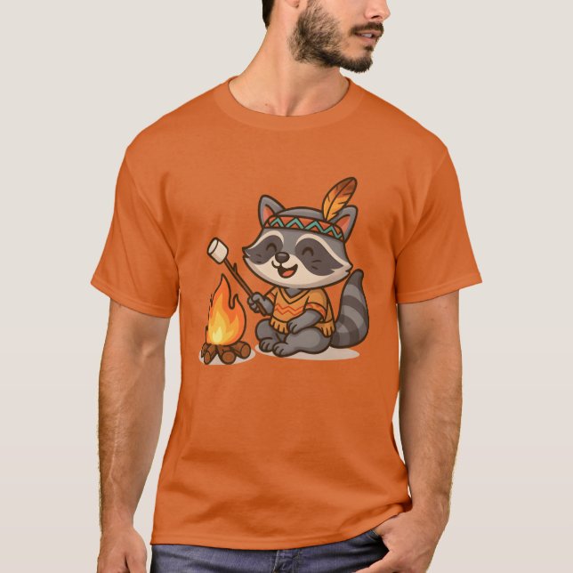 Camiseta Cute Raccoon Camping and Roasting Marshmallow retr (Frente)