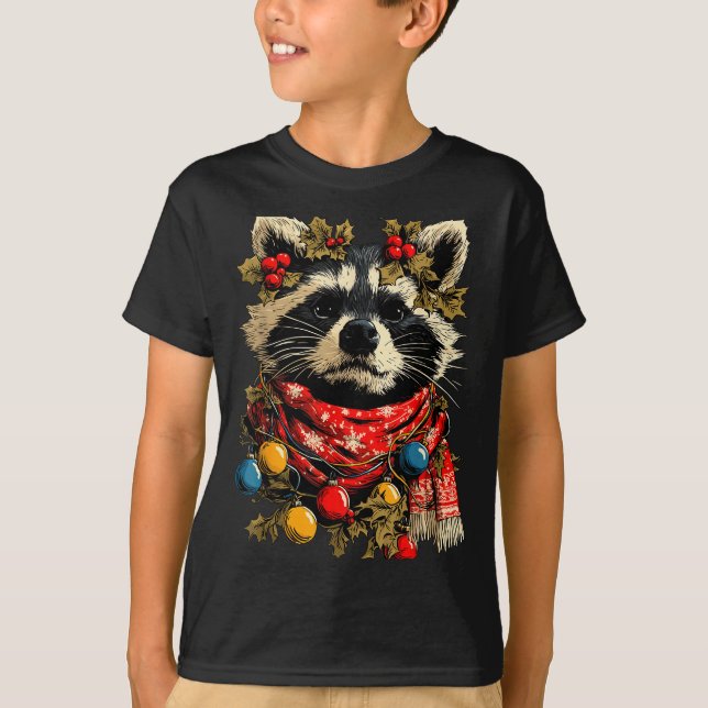 Camiseta Cute Raccoon F Christmas Lights Festive Forest Ani (Frente)