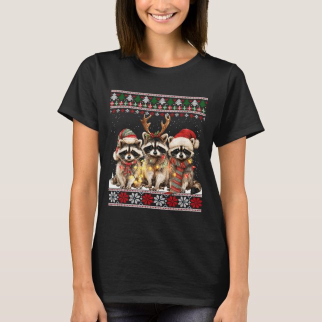 Camiseta Cute Raccoon Santa Christmas Lights Ugly Xmas Swea (Frente)