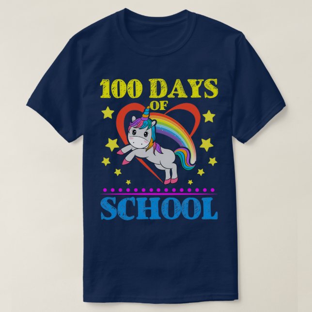 Camiseta Cute Rainbow Unicorn 200 dias de escola (Frente do Design)