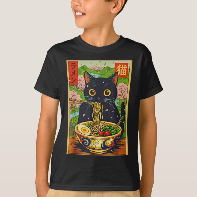 Camiseta Cute Ramen Cat Nature Flowers Noodle Anime  (Frente)