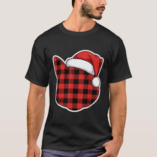 Camiseta Cute Red And Black Buffalo Plaid Cat Christmas San (Frente)
