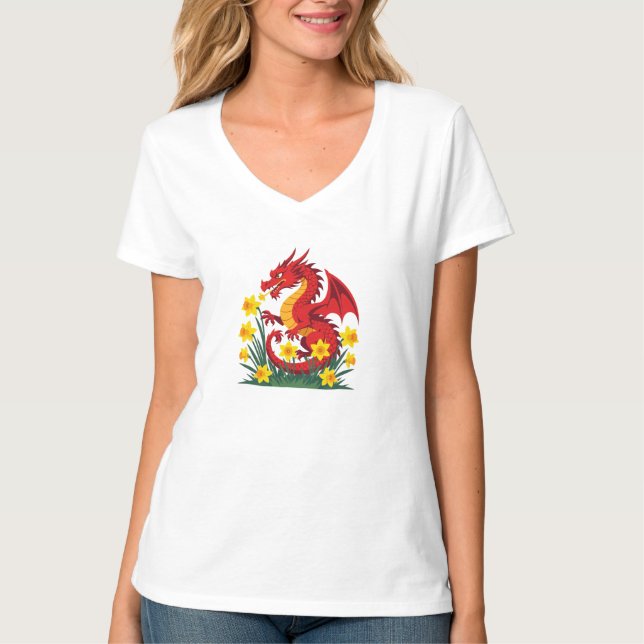 Camiseta Cute Red Dragon And Daffodils (Frente)