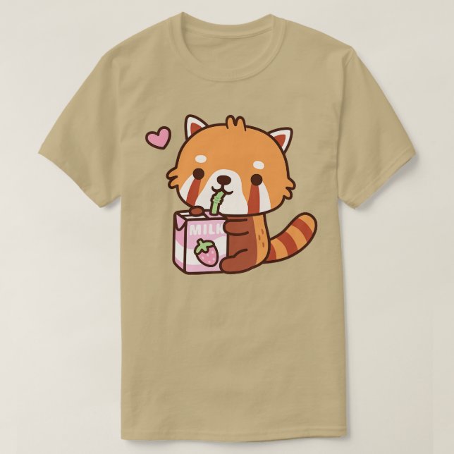 Camiseta Cute Red Panda Adora Leite de Morango Bebendo (Frente do Design)