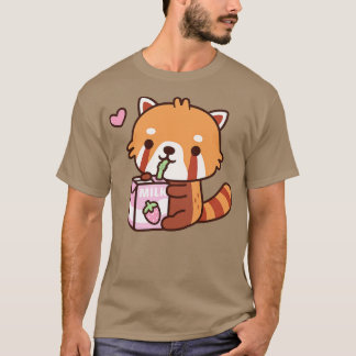 Camiseta Cute Red Panda Adora Leite de Morango Bebendo