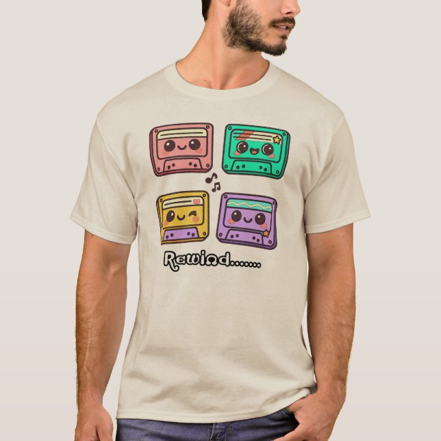 Camiseta Cute Retro Cassette Tape "Rewind" Kawaii Design (Frente)