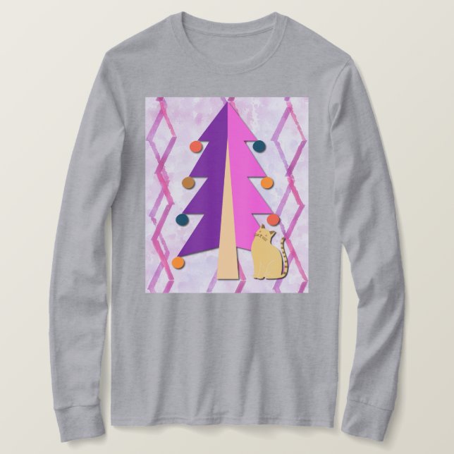 Camiseta Cute Retro Christmas Tree and Cat Art on T-Shirt (Frente do Design)